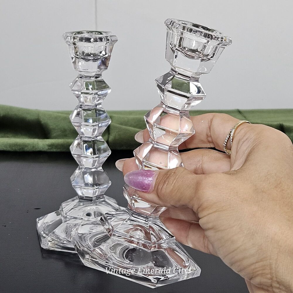 Vtg MIKASA Crystal Clear JewelStone Pattern Candlestick Candle Holder Set of 2
